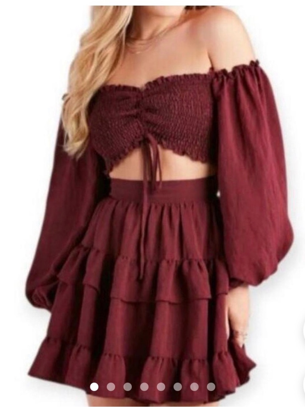 Windsor Burgundy Off-Shoulder Smocked Crop Top